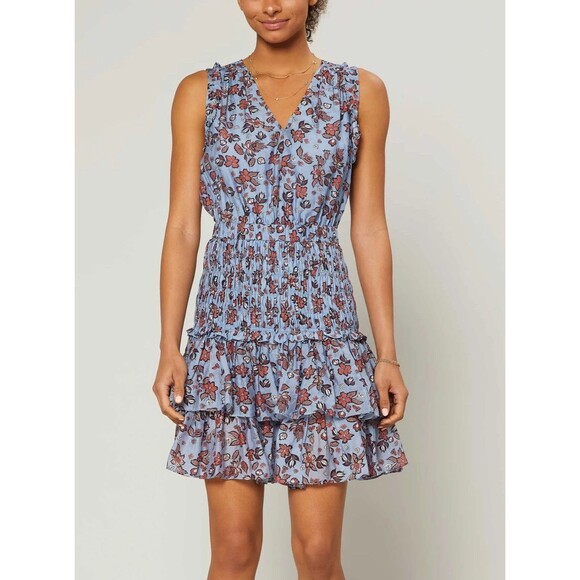 Current Air Dress Blue Smocked Waist Floral Mini V Neck Trumpet Boho Size Small - Picture 1 of 11